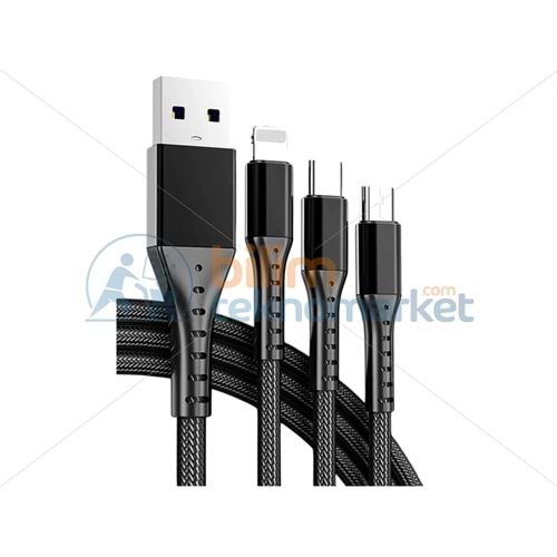 POWERMASTER PM-26332 3IN1 SİYAH 1.2 METRE (MICRO USB - LIGHTNING - TYPE C) TELEFON ŞARJ KABLOSU 26332