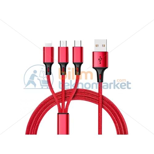 POWERMASTER PM-26336 3IN1 KIRMIZI 1.2 METRE (MICRO USB - LIGHTNING - TYPE C) TELEFON ŞARJ KABLOSU