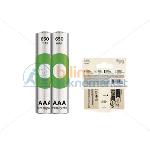 GP RECYKO 650 MAH R03 AAA ŞARJLI 2'Lİ İNCE KALEM PİL GP65AAAHCER21-2TLB2 (GPRHCH63E041) 6355