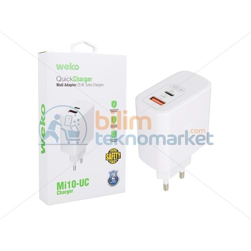 WEKO WK-21446 Mİ10-UC 25 WATT 3.0 AMPER TYPE-C + USB ŞARJ BAŞLIK ADAPTÖRÜ 21446