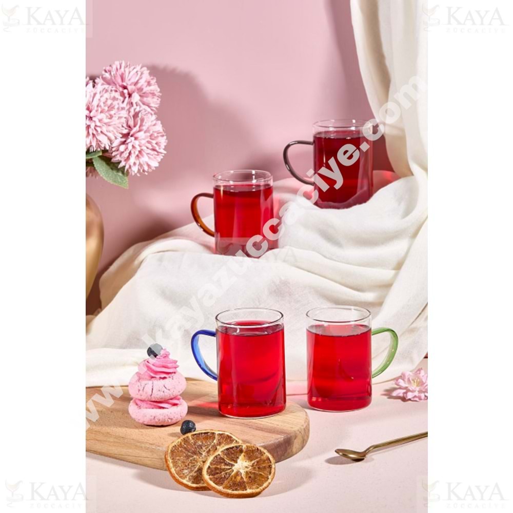 AJE CAM CYLINDRUS RENKLİ KULPLU 4 LÜ BARDAK SETİ 1*18