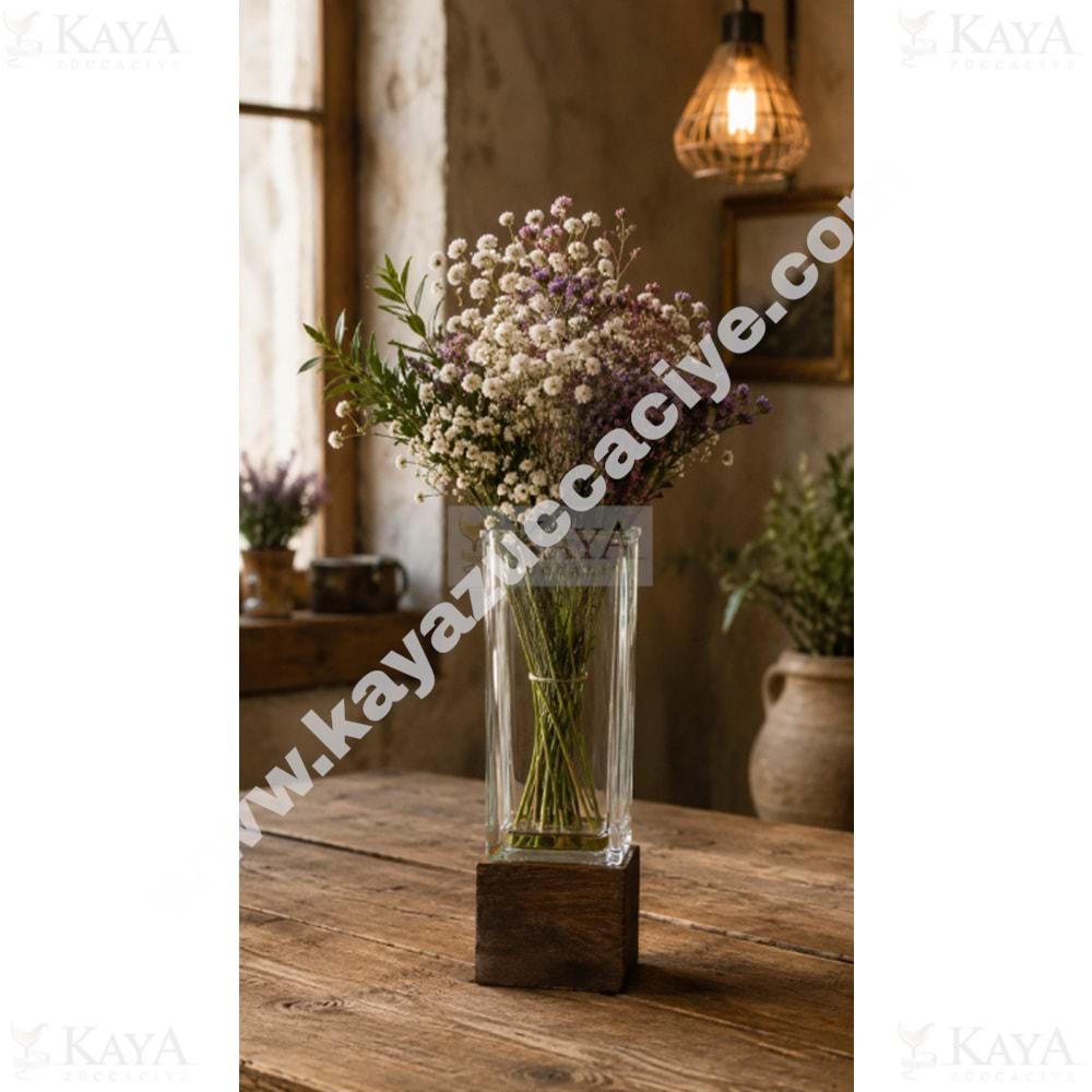 AJE VAZO AHŞAP TABANLI KARE CAM DEKORATİF VAZO 9x25 CM 1*20