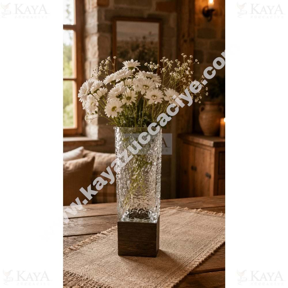AJE VAZO AHŞAP TABANLI KARE CAM DEKORATİF VAZO 9x25 CM 1*20