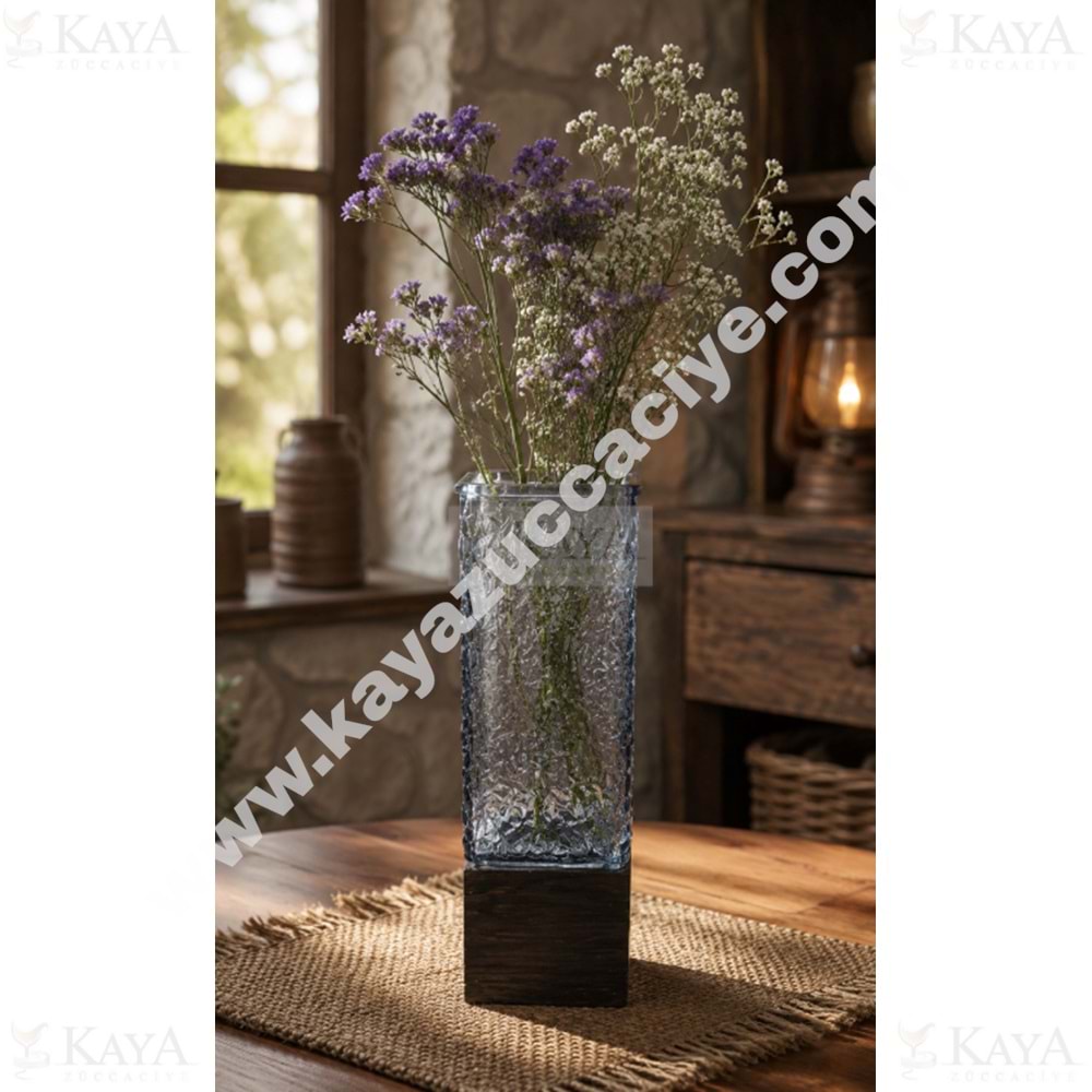 AJE VAZO AHŞAP TABANLI KARE CAM DEKORATİF VAZO 9x25 CM 1*20