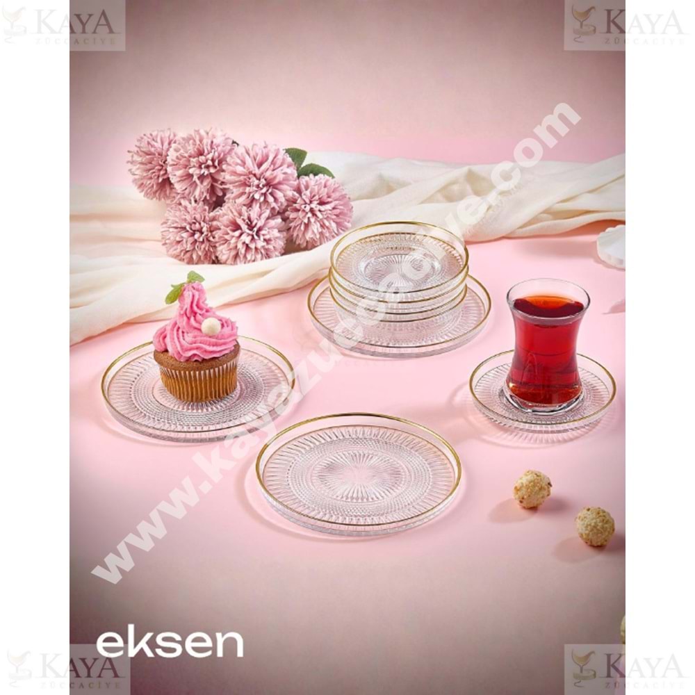 ALN EKS CAM 18 PARÇA ALTIN RİMLİ ÇAY SETİ 1*3