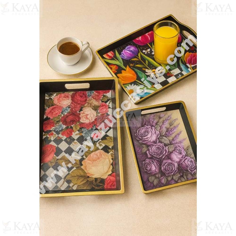 İSRA SİYAH BÜYÜK 3 LÜ KARE TEPSİ 42x30-38x26-31x22 CM 1*16