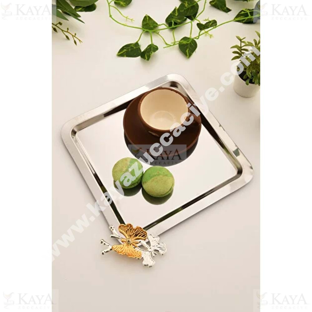 CNM PRES TEPSİ NESTO GÜMÜŞ KARE TEPSİ DALLI KELEBEKLİ 22x22 CM