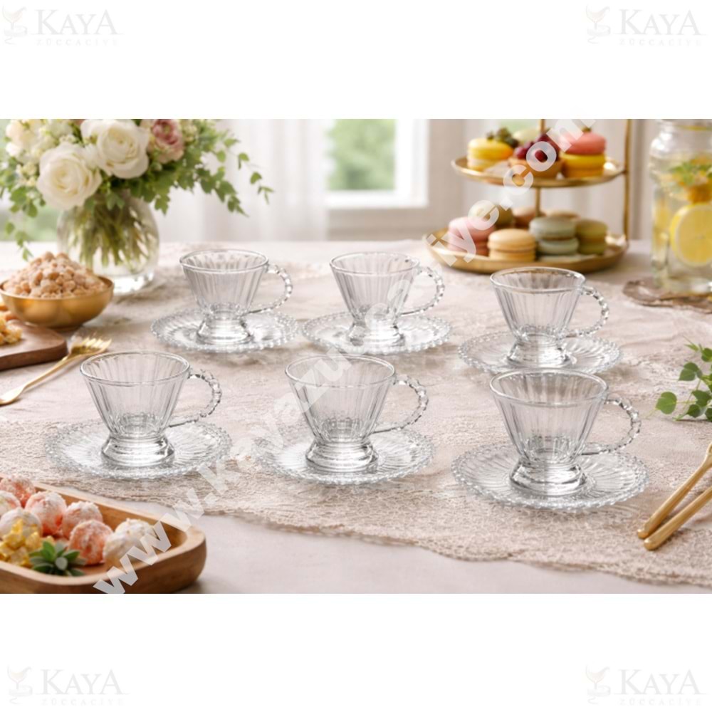 DİAMONDS CAM ALBERT BONCUK KULP SADE CAM ÇAY SETİ 1*8