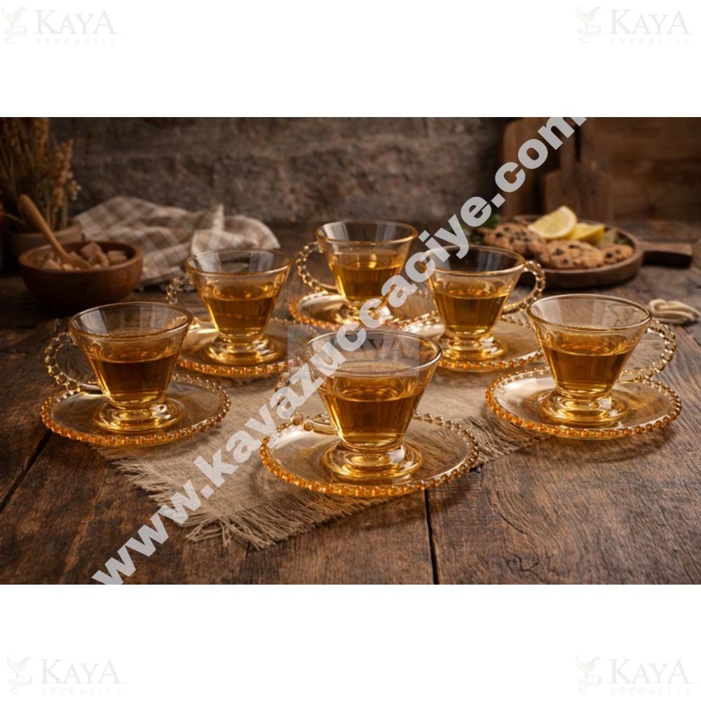 DİAMONDS CAM ALBERT BONCUK KULP GOLD ÇAY SETİ 1*8