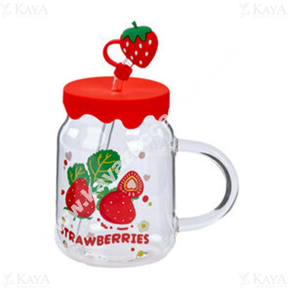 THN KUPA CAM SİLİKON KAPAK PİPETLİ ÇİLEK FİGÜRLÜ 500 ML 1*24