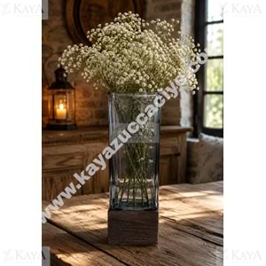 AJE VAZO AHŞAP TABANLI KARE CAM DEKORATİF VAZO 9x25 CM 1*20