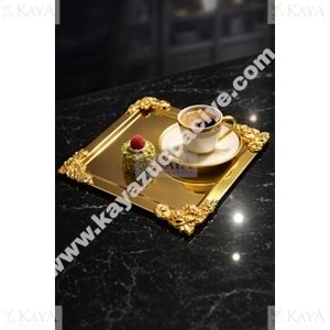 CNM PRES TEPSİ ALVIO ALTIN KARE TEPSİ 4 KÖŞESİ GÜL DETAYLI 22x22 CM GOLD-GOLD