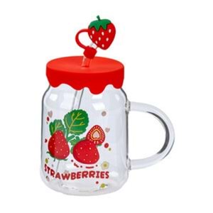 THN KUPA CAM SİLİKON KAPAK PİPETLİ ÇİLEK FİGÜRLÜ 500 ML 1*24