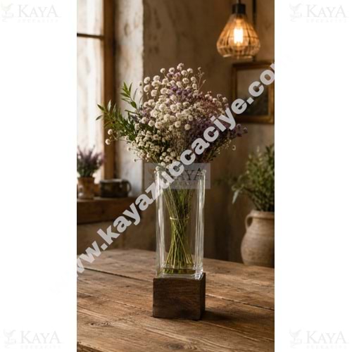 AJE VAZO AHŞAP TABANLI KARE CAM DEKORATİF VAZO 9x25 CM 1*20
