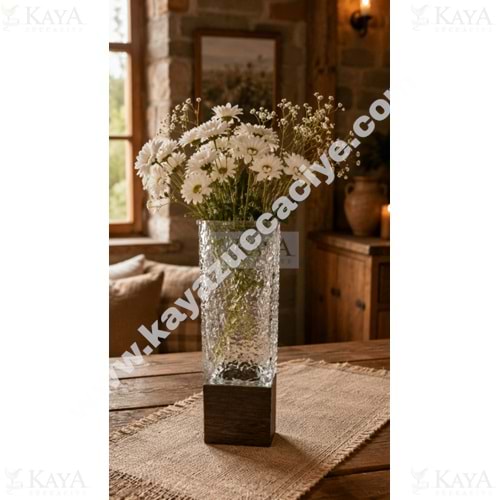 AJE VAZO AHŞAP TABANLI KARE CAM DEKORATİF VAZO 9x25 CM 1*20