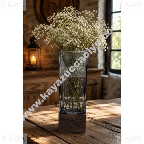 AJE VAZO AHŞAP TABANLI KARE CAM DEKORATİF VAZO 9x25 CM 1*20