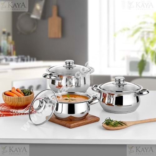 GÜLSAN ÇELİK GÜVEÇ SET CAM KAPAKLI 14-16-18 CM ÇAKIR 1*6