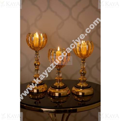 CNM ŞAMDAN CAM LALE SARI 3 LÜ TAKIM MUMLUK 34-31-25 CM 1*6