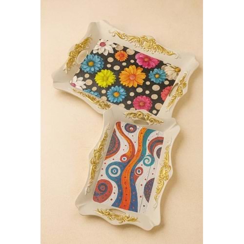 İSRA LÜX BEYAZ BÜYÜK 2 Lİ KARE OTANTİK TEPSİ 44x33-34x26 CM 1*18