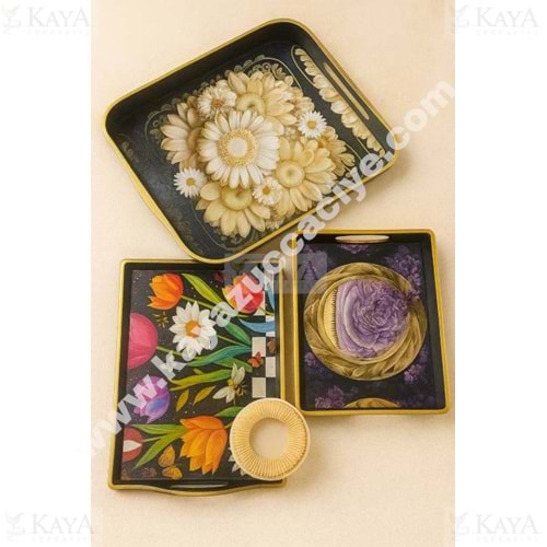 İSRA SİYAH BÜYÜK 3 LÜ KARE YAĞIZ TEPSİ 42x30-38x26-31x22 CM 1*16