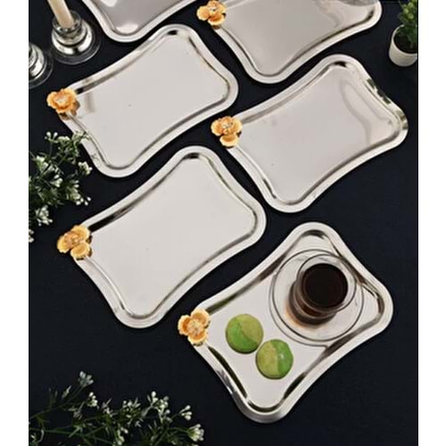 CNM NALDO GÜMÜŞ İTALYAN TEPSİ ALTIN TAŞLI ÇİÇEKLİ 23x15 CM