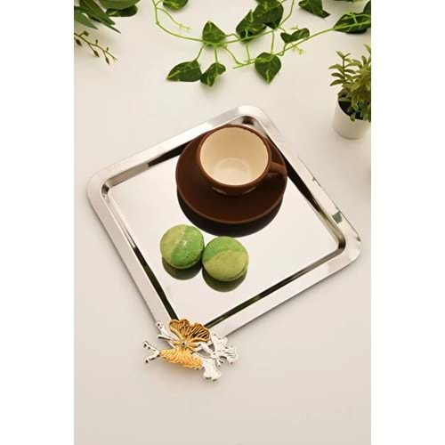 CNM PRES TEPSİ NESTO GÜMÜŞ KARE TEPSİ DALLI KELEBEKLİ 22x22 CM