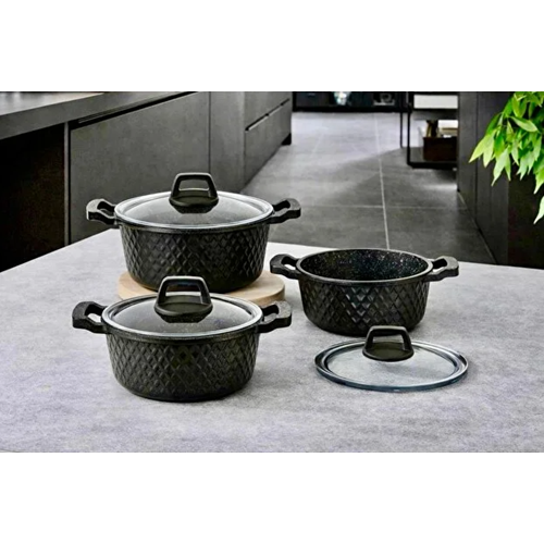 LVN TENCERE SETİ 6 PARÇA HASIR MODEL DÖKÜM SİYAH 16-18-20 CM 1*1