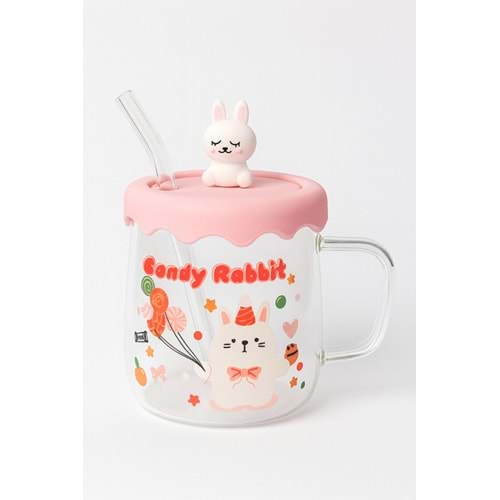 THN KUPA CAM SİLİKON KAPAK PİPETLİ TAVŞAN FİGÜRLÜ 500 ML 1*24